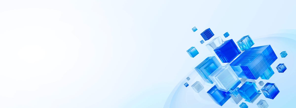 Abstract blue 3D cubes of varying sizes floating on a light blue gradient background