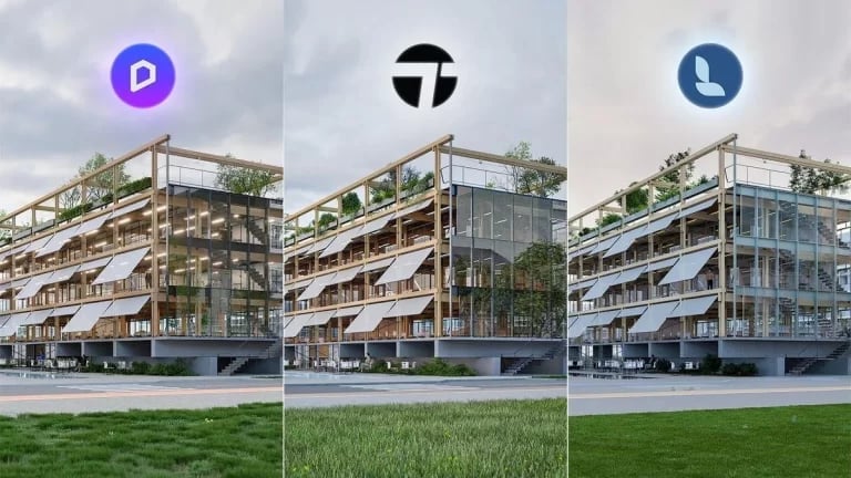 Tres renders arquitectónicos del mismo edificio moderno de uso mixto con jardines en la azotea