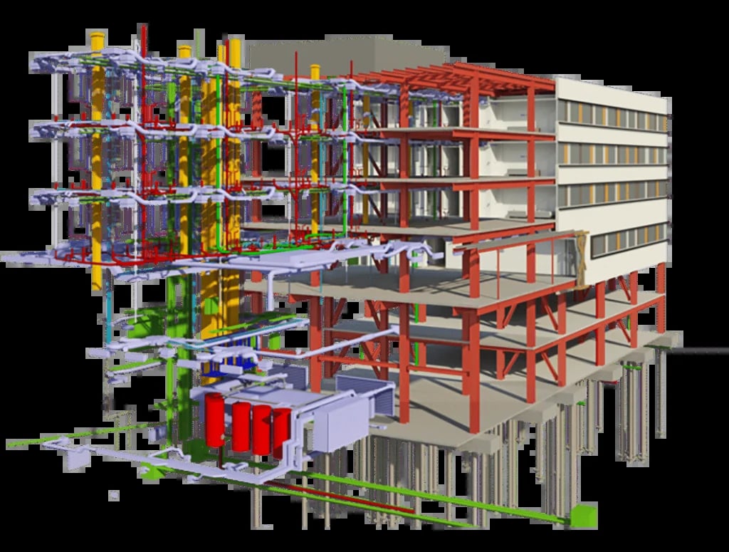 Render 3D de un edificio comercial de varias plantas mostrando sistemas mecánicos expuestos