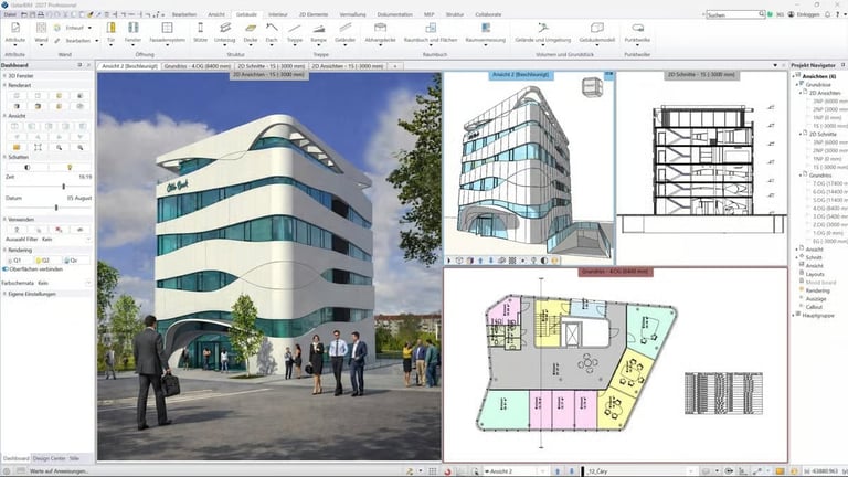 Interface do GstarBIM exibindo modelo 3D de edificio, elevacoes e planta baixa