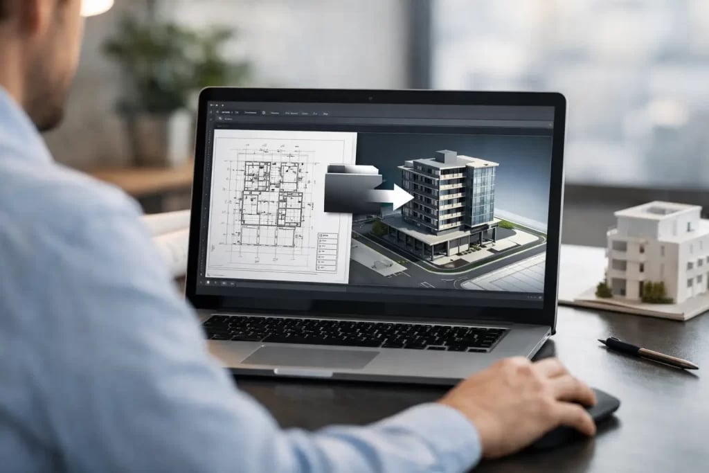 Architect viewing 3D building model and floor plans on laptop at desk with architectural models nearby